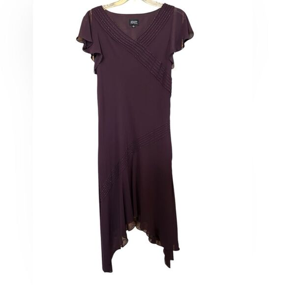 Adrianna Papell Asymmetrical Flutter Sleeve Beaded Neckline Midi Dress 14 - Picture 1 of 11